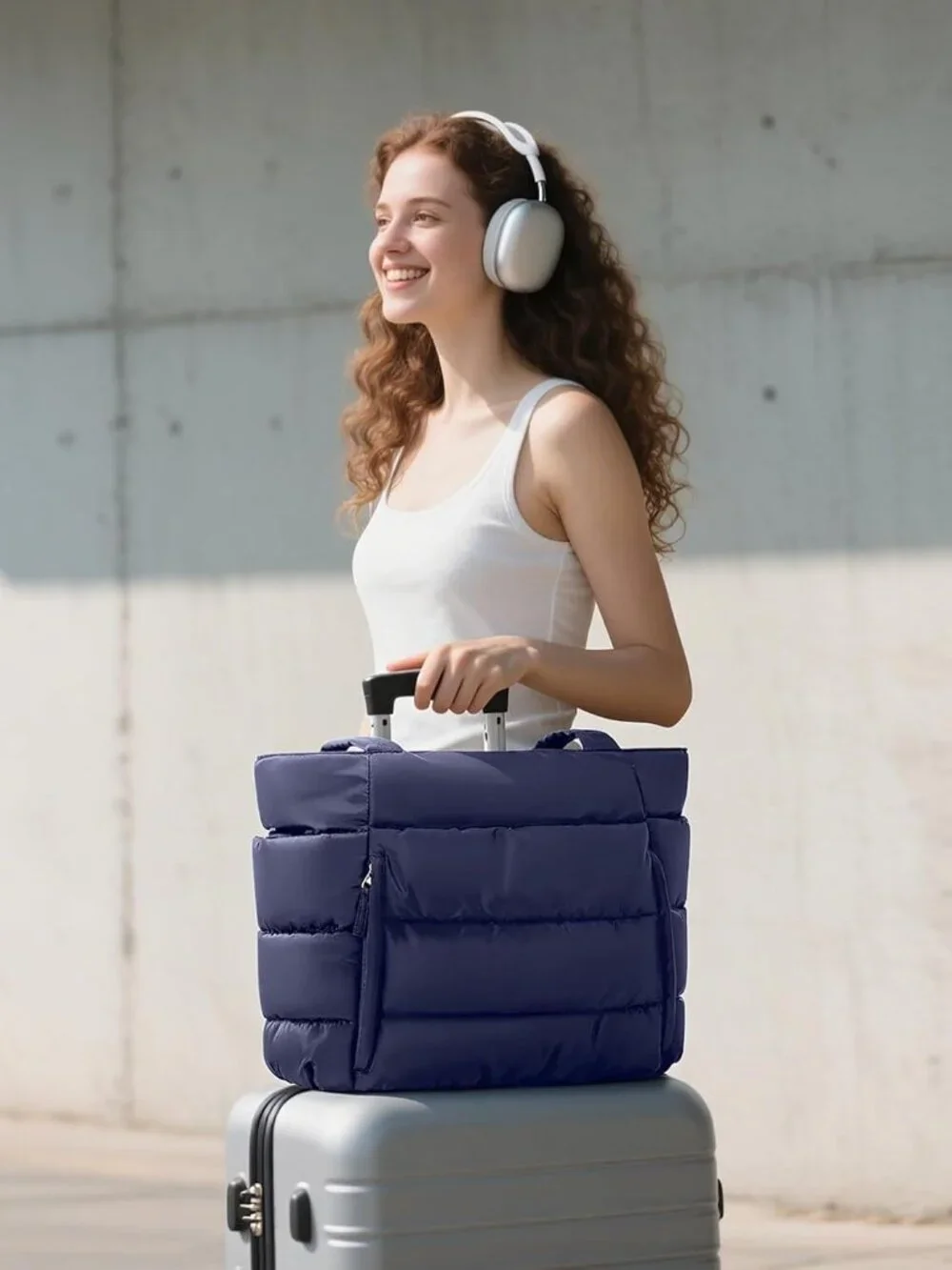 👜Women's Navy Blue Puffer Tote Bag 16 Pockets Work Gym Travel Laptop Handbag